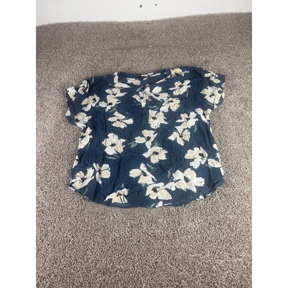 Ann Taylor Factory Floral Rayon Short Sleeve Blouse Top Women's Blue Y2K  - M